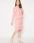 Madame Plaid Square Neck Pink Midi Sheath Dress