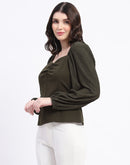 Madame Sweetheart Neck Elasticated Rush Detailed Solid Olive Knit moss Top