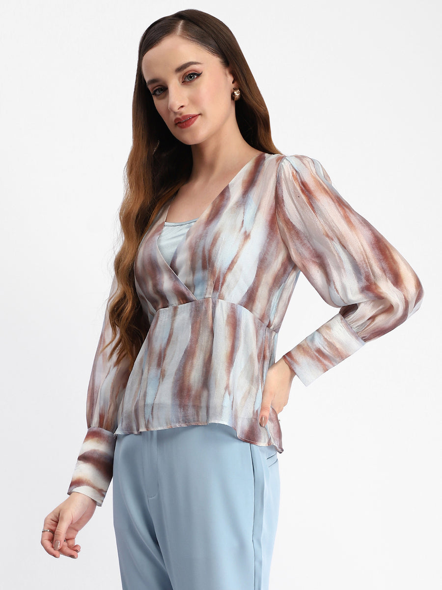 Madame Abstract Print Cuff Sleeved Sky Blue Peplum Top