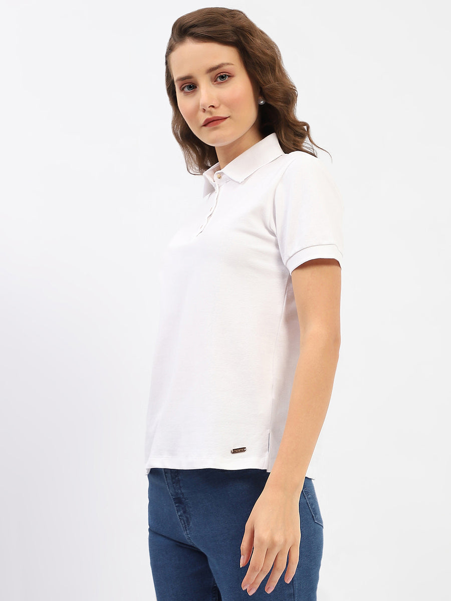 Madame White Polo Neck Solid Cotton T-Shirt