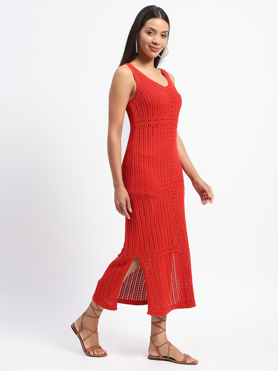 Madame V Neck Crochet Red Cotton Knitted Dress