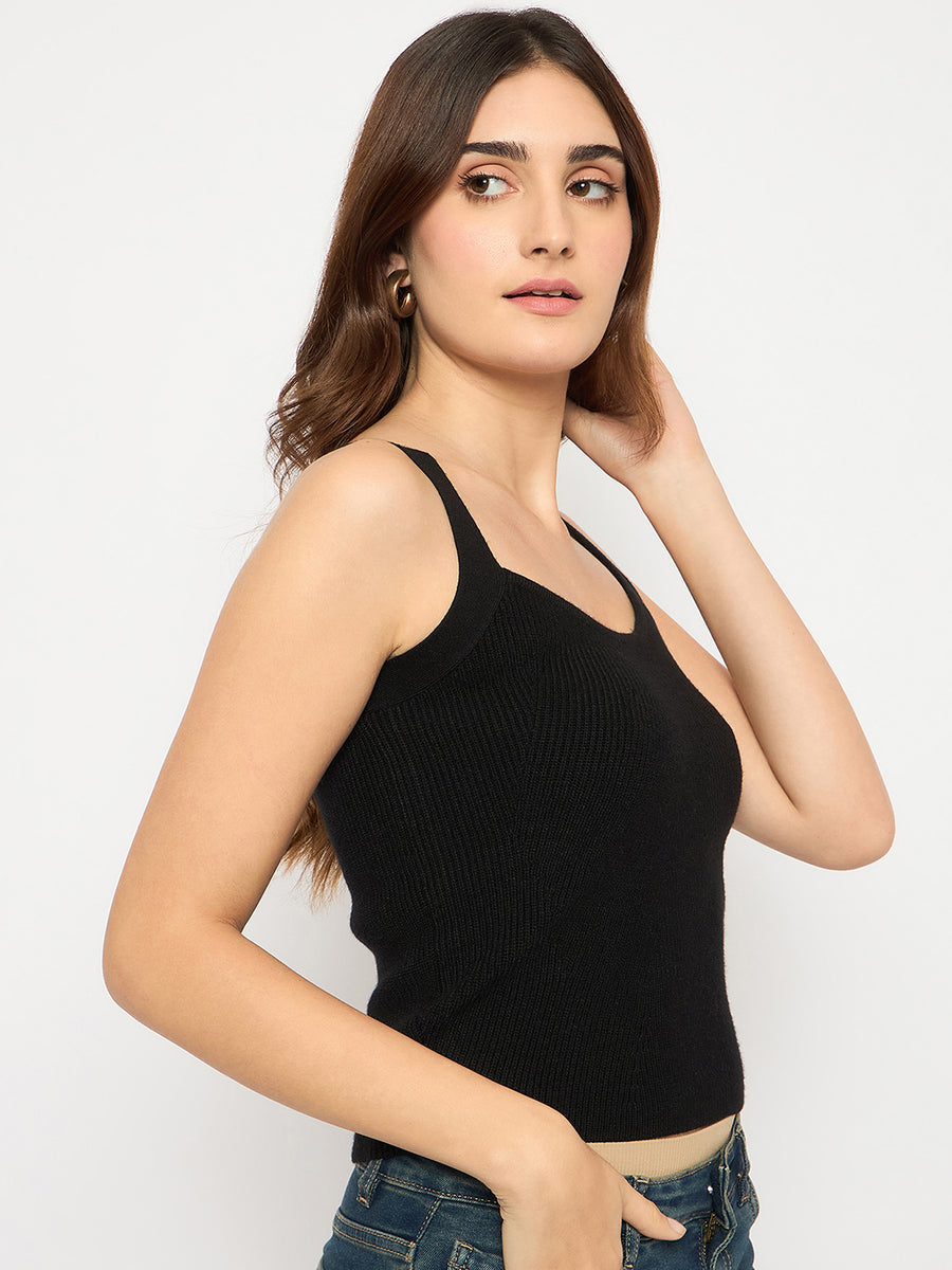 Madame Sleeveless Solid Black Sweater