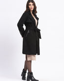 Madame Metal Zip Raw Edge Detailed Solid Black Trench Coat