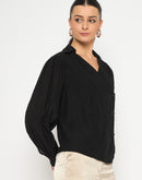 Madame Black Asymmetrical Hemline Rayon Blend Shirt