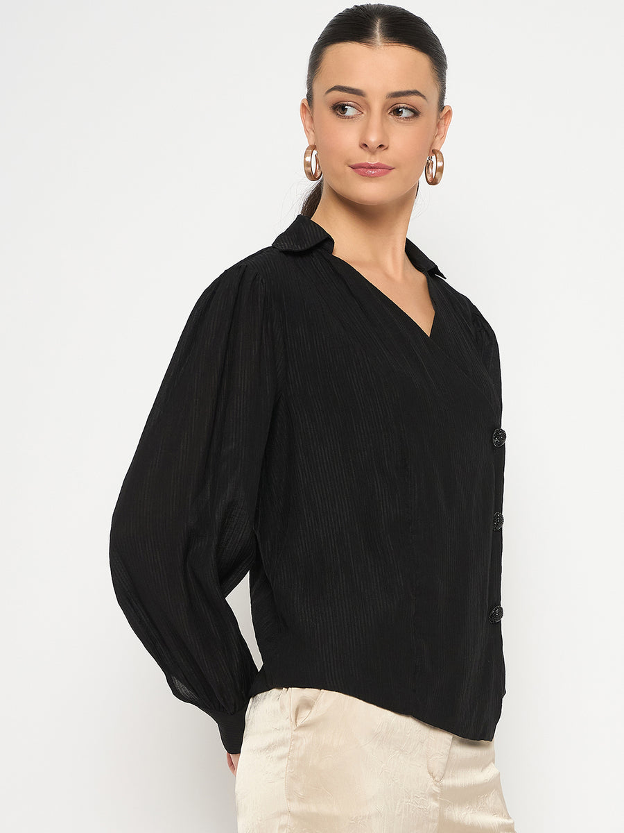 Madame Black Asymmetrical Hemline Rayon Blend Shirt