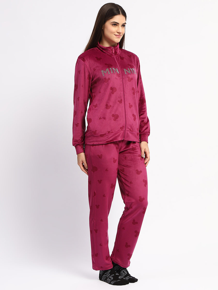 mSECRET Typography Adorned Zipped Top and Bottom Wine Cotton Night Suit