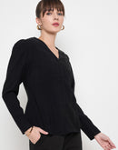 Madame Swarovski Detailed V Neck Solid Black Top