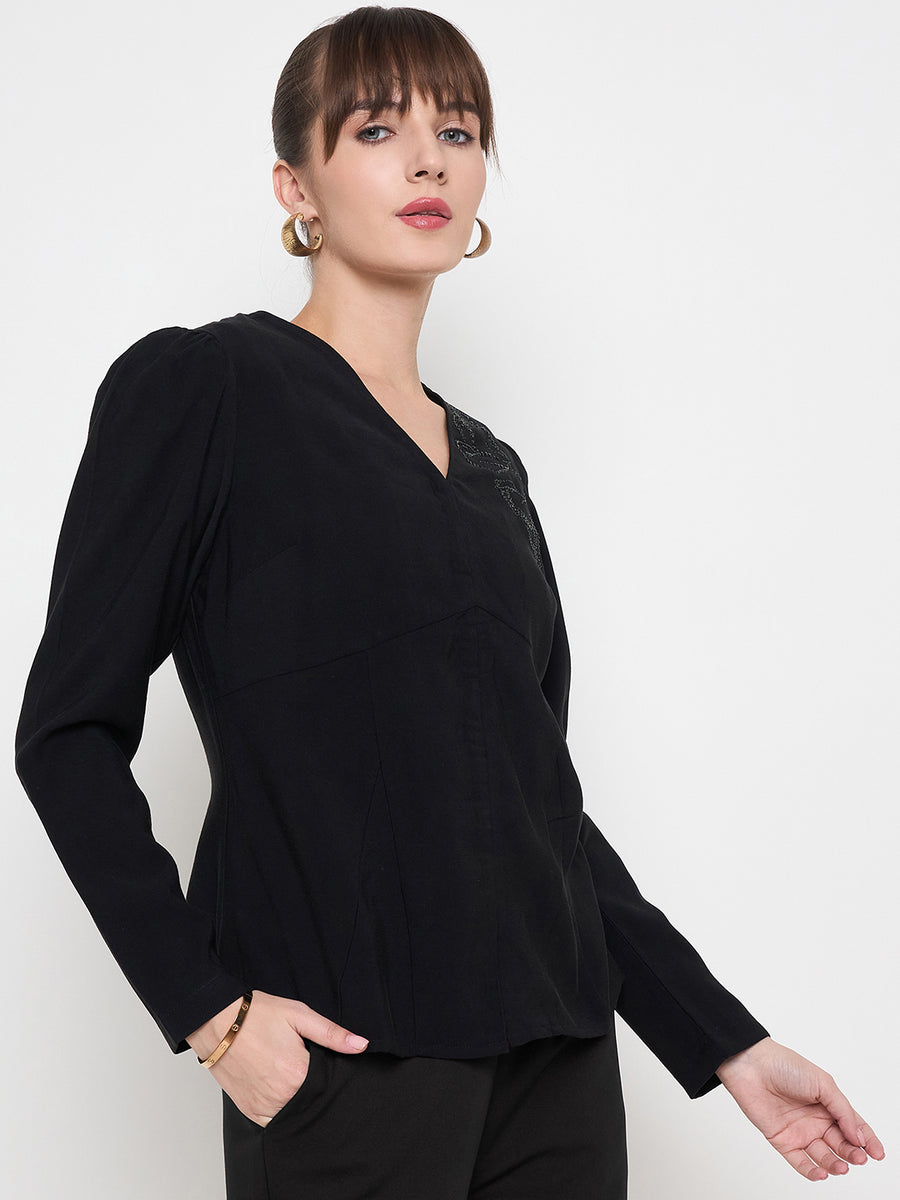 Madame Swarovski Detailed V Neck Solid Black Top