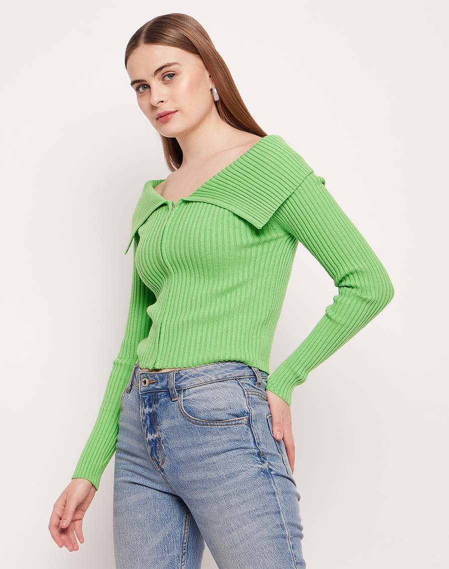 Madame Flap Collar Green Knit Top