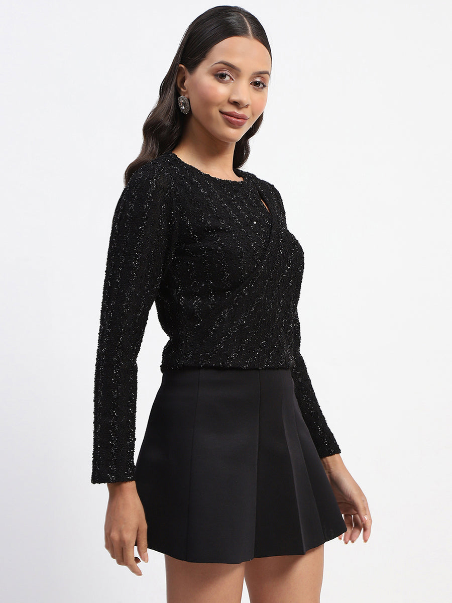 Madame Embellished Front Cutout Black Top