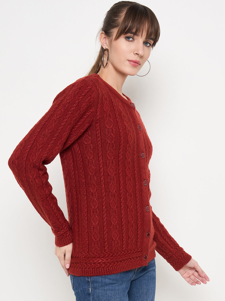 Madame Self Design Crew Neck Rust Cardigan