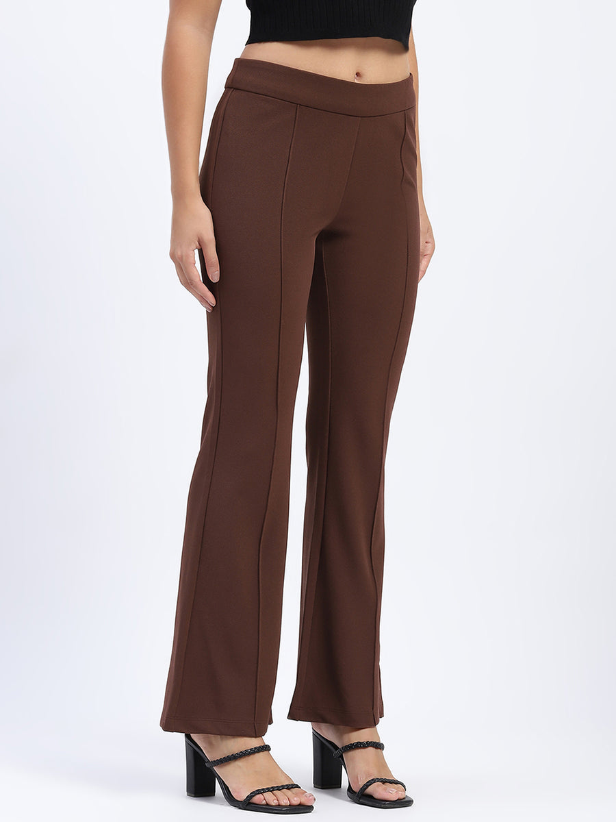 Madame Single Pleated Brown Flared Trousers