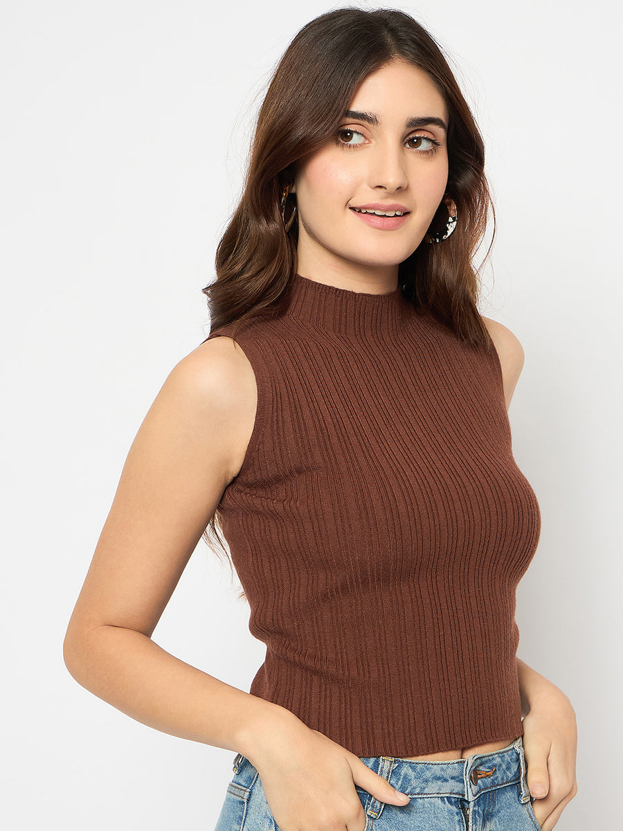 Madame Mock Neck Brown Sleeveless Sweater