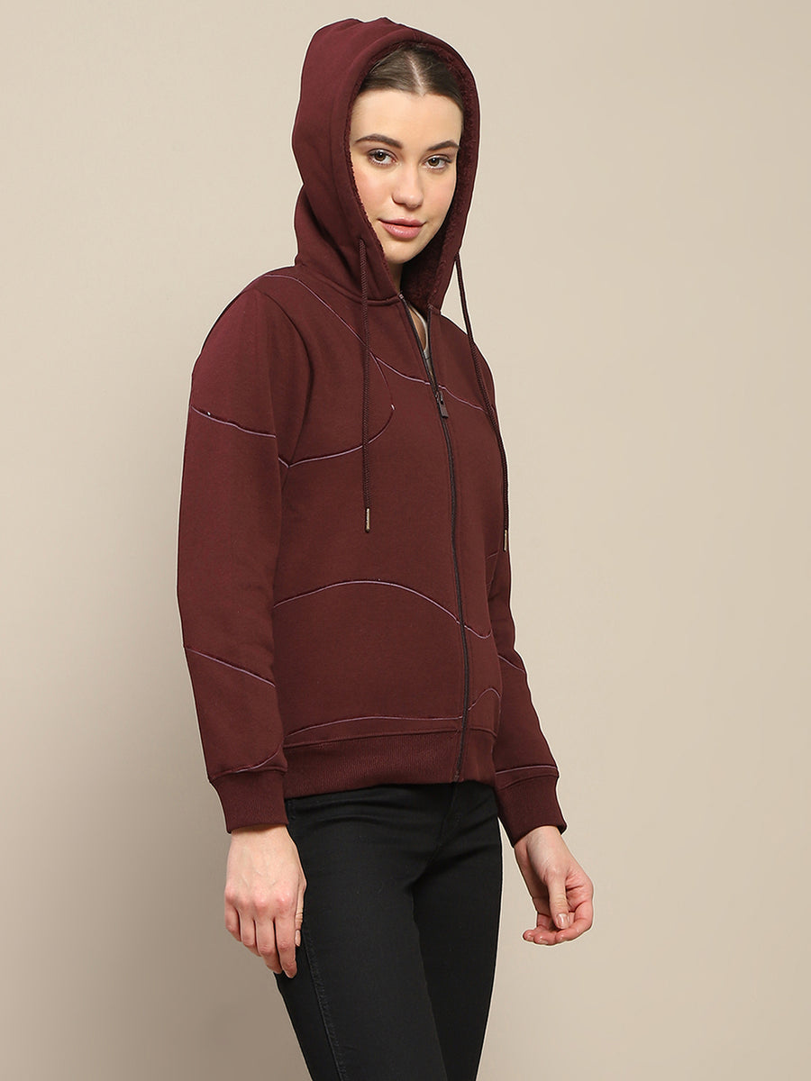 Madame Geometric Print Zipped Wine Hooded Sweatshirt