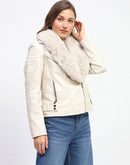 Madame Shanaya Kapoor Off White Faux Fur Trim Leather Jacket