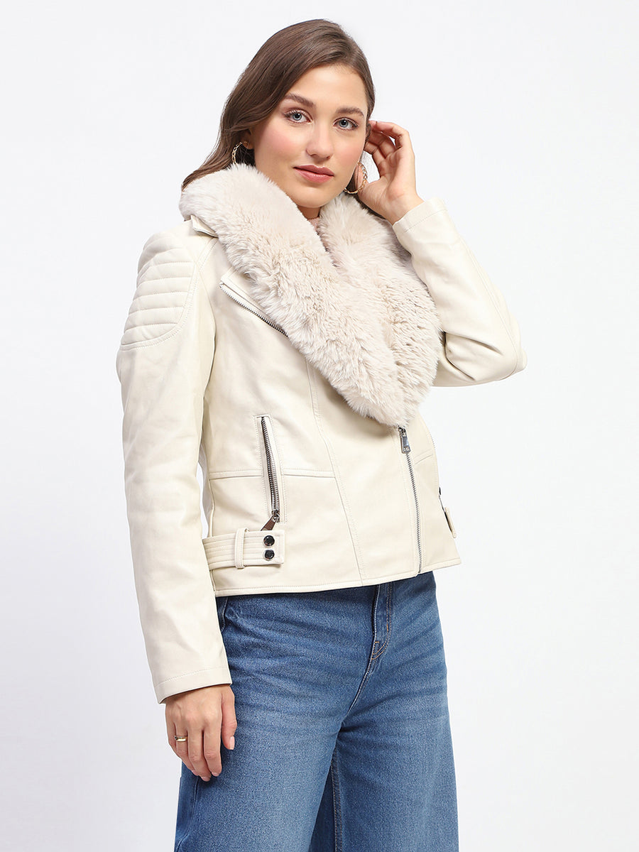 Madame Shanaya Kapoor Off White Faux Fur Trim Leather Jacket