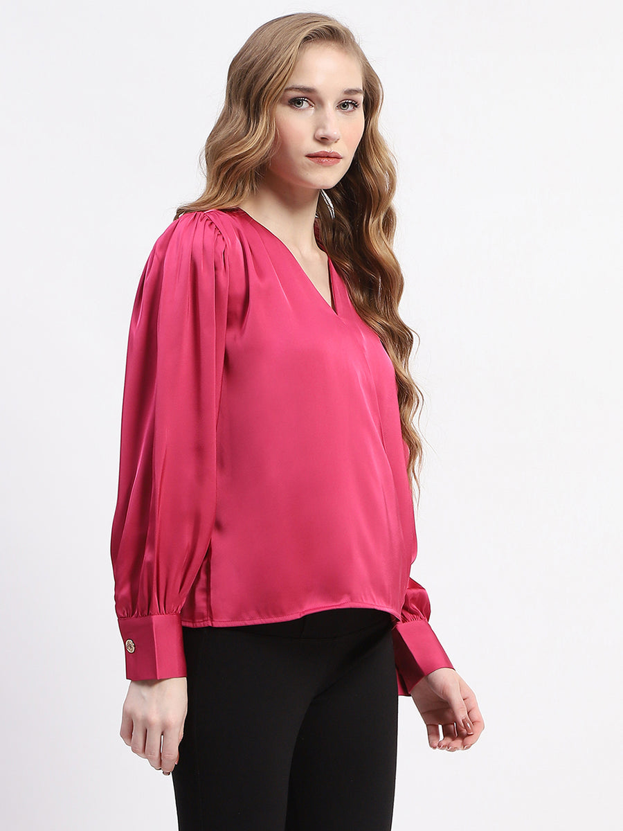 Madame Hot Pink Drape Top with Flower Applique