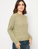 Madame Self Design Round Neck Green Sweater