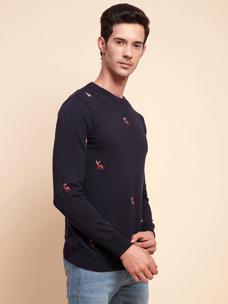 Camla Barcelona Embroidered Crew Neck Navy Sweater