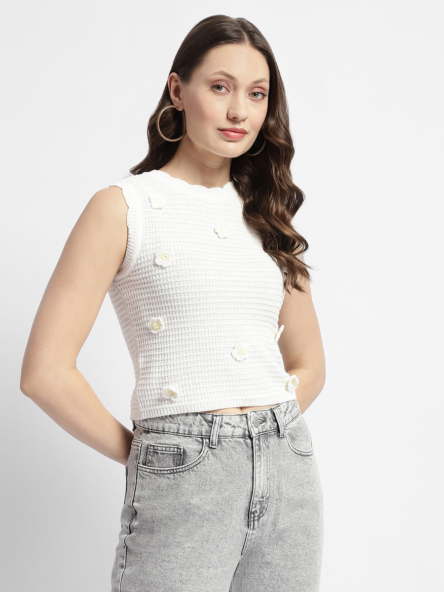 Madame White Floral Applique Sleeveless Top