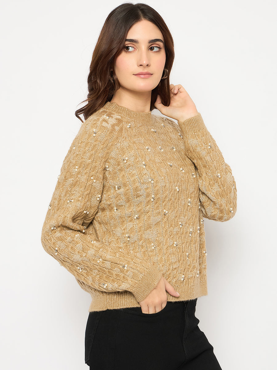 Madame Self Design Crew Neck Brown Sweater