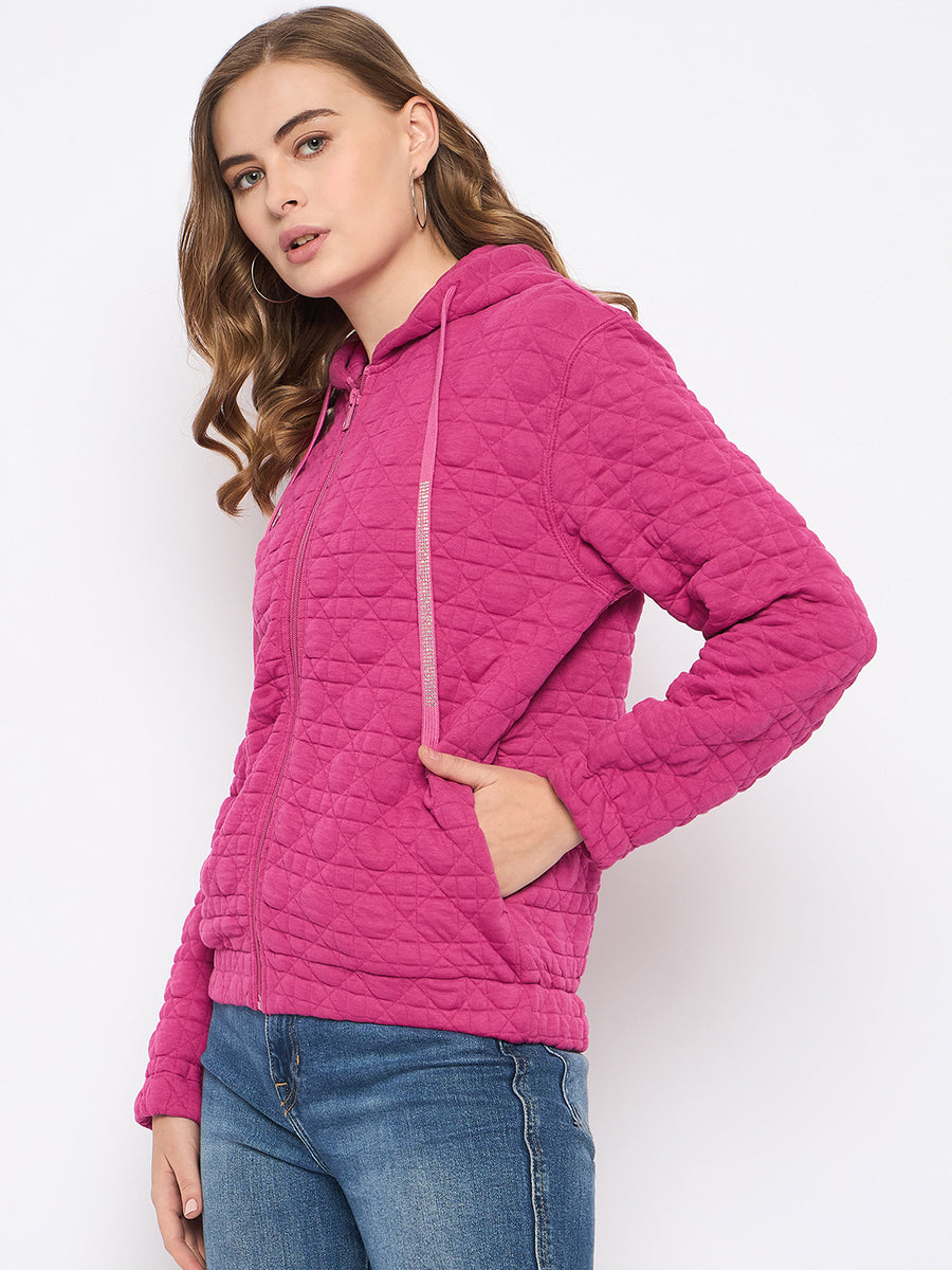 Madame Cotton Blend Self-Textured Zipped Hot Pink Sweatshirt