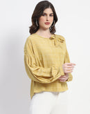 Madame Tie Neck Puff Sleeve Chequered Yellow Top