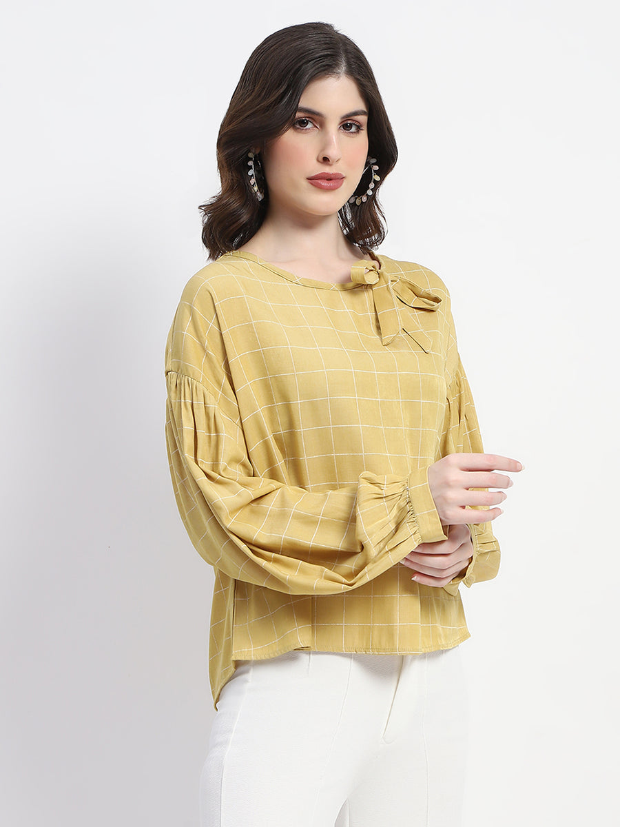 Madame Tie Neck Puff Sleeve Chequered Yellow Top