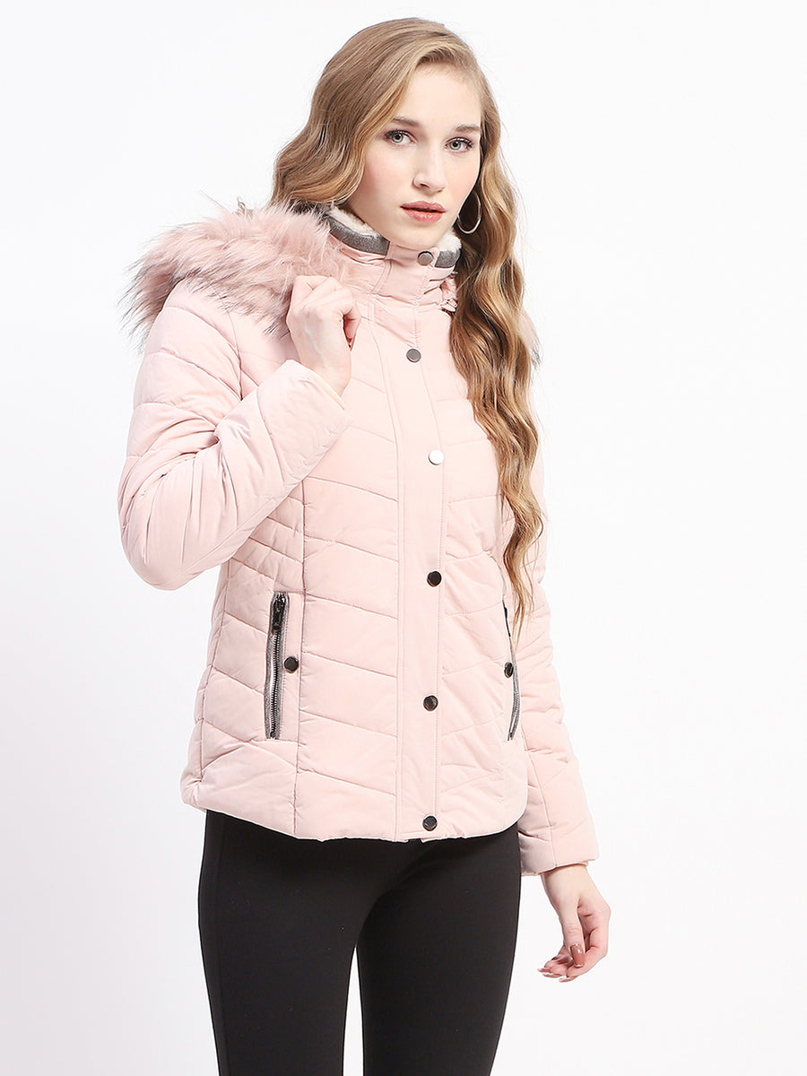 Madame Light Pink Faux Fur Hood Quilted Puffer Jacket