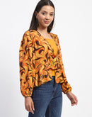 Madame Abstract Print Tie Front Yellow Top