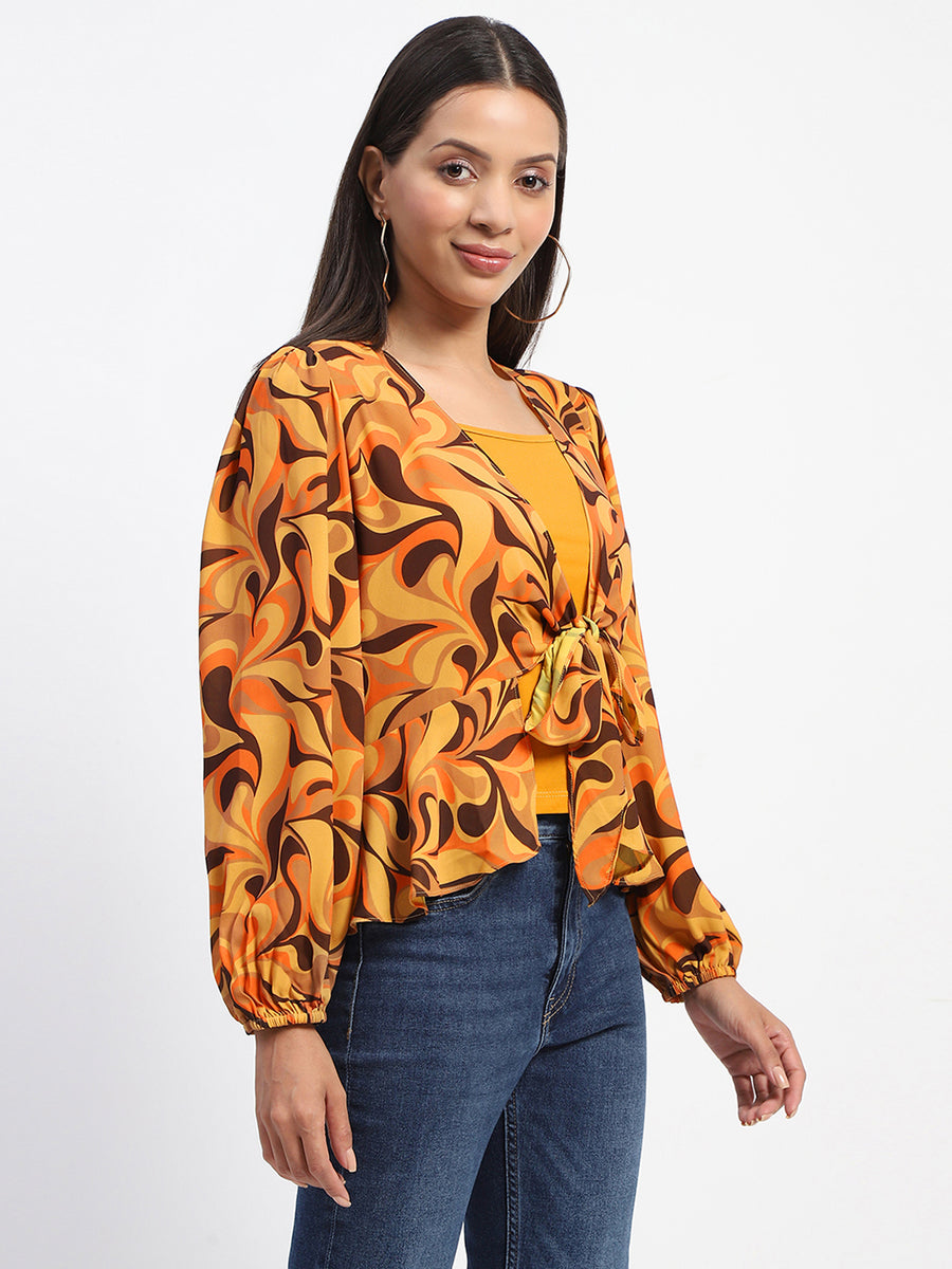 Madame Abstract Print Tie Front Yellow Top