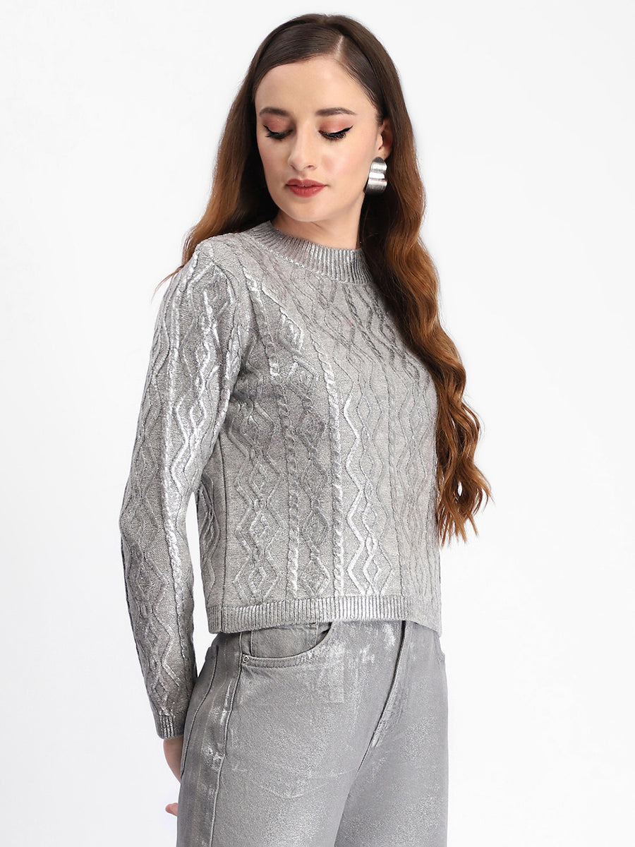 Madame Metallic Geometric Print Grey Sweater