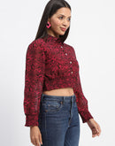 Madame Cinch Waist Marble Print Hot Pink Crop Shirt