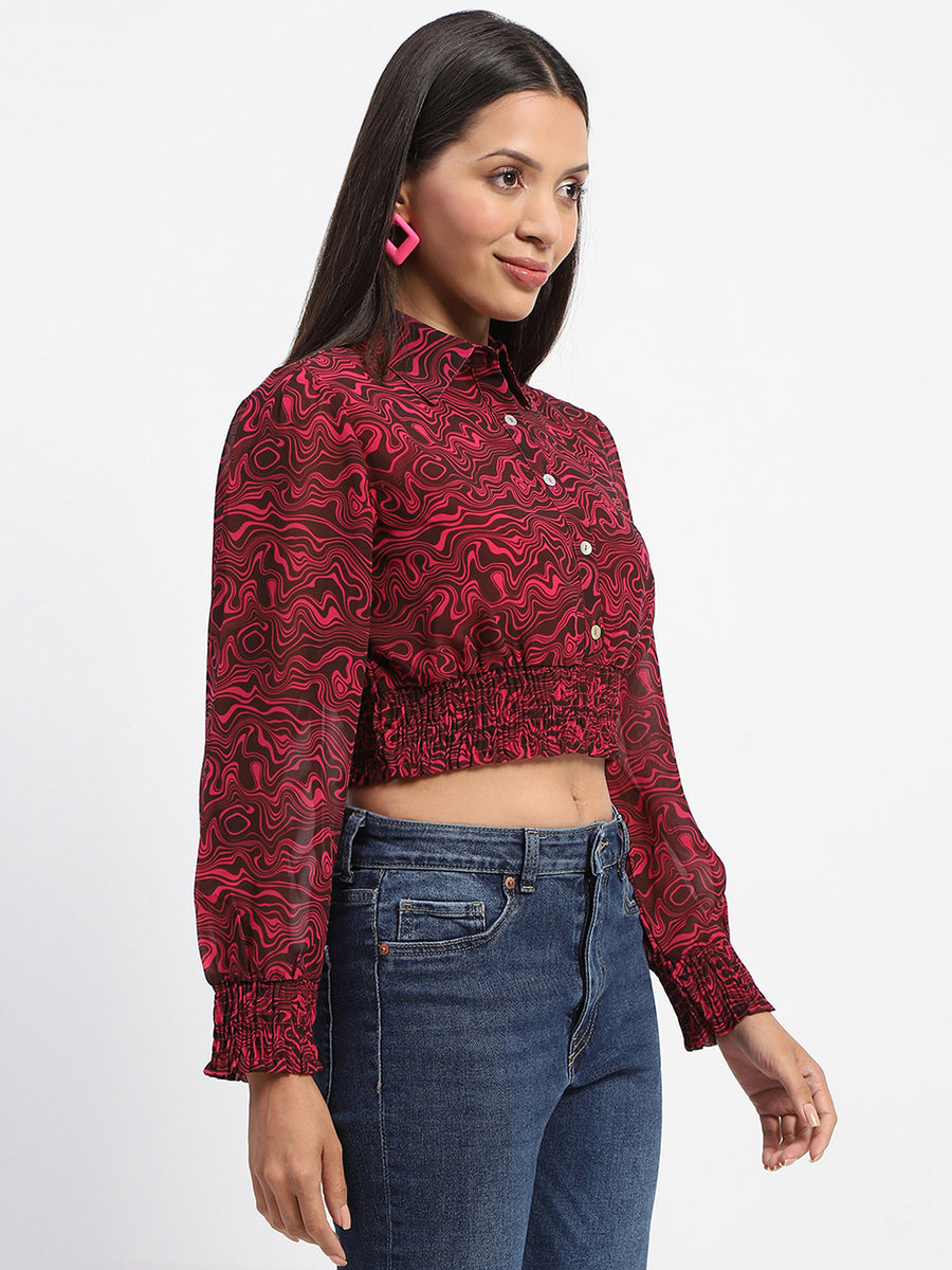 Madame Cinch Waist Marble Print Hot Pink Crop Shirt