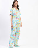 mSECRET Tropical Floral Print Sky Blue Night Suit Set