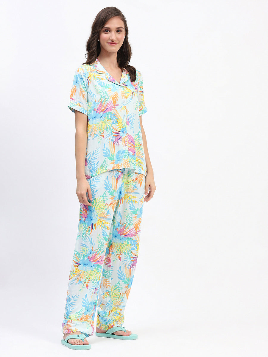 mSECRET Tropical Floral Print Sky Blue Night Suit Set