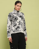 Madame Abstract Print Mock Neck Off White Sweater