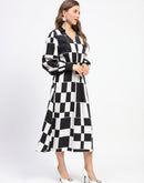 Madame Viscose Chessboard Print Cinched Waist Black Dress