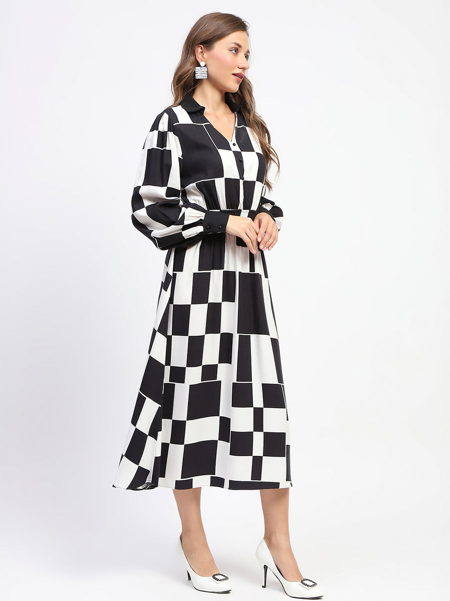 Madame Viscose Chessboard Print Cinched Waist Black Dress