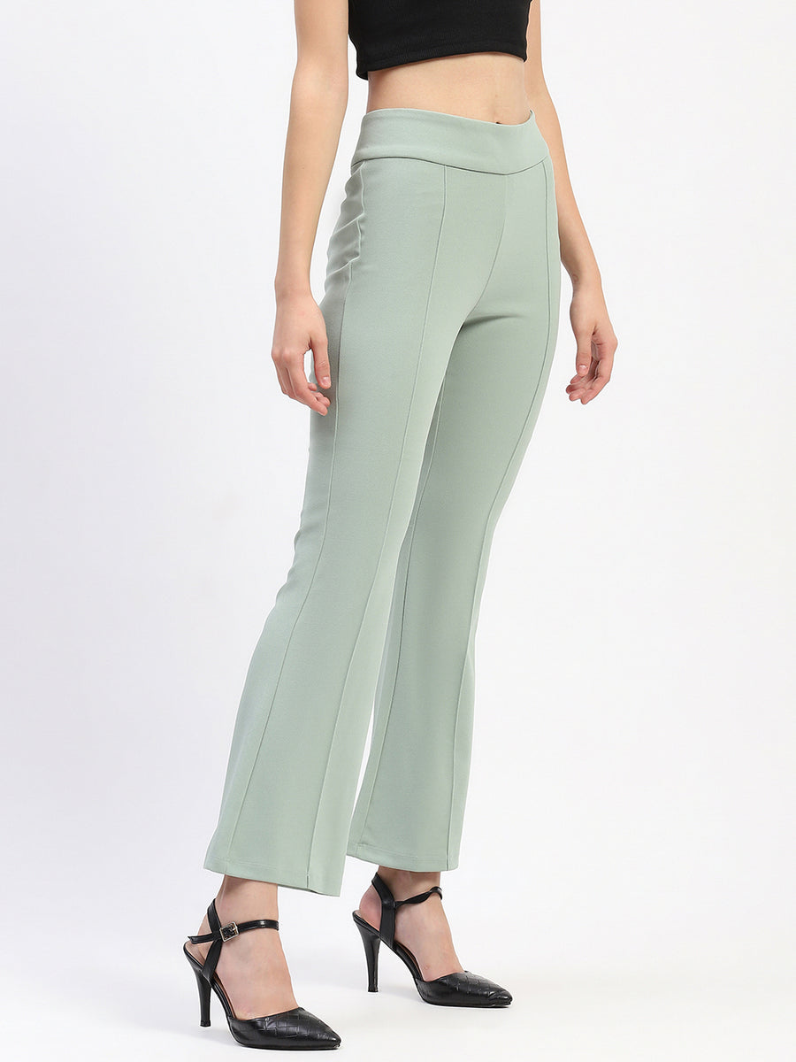 Madame Pleated Elasticated Waist Solid Moss Green Trousers