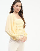 Madame Ruched Layered Square Neck Bishop Sleeve Yellow Top