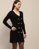 Madame Double Breasted V Neck Black Knitted Mini Dress