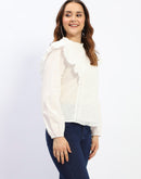 Madame Schilffli Adorned Ruffle Neck Off White Cotton Top