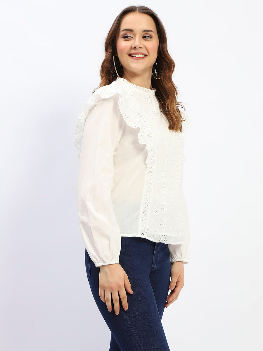 Madame Schilffli Adorned Ruffle Neck Off White Cotton Top