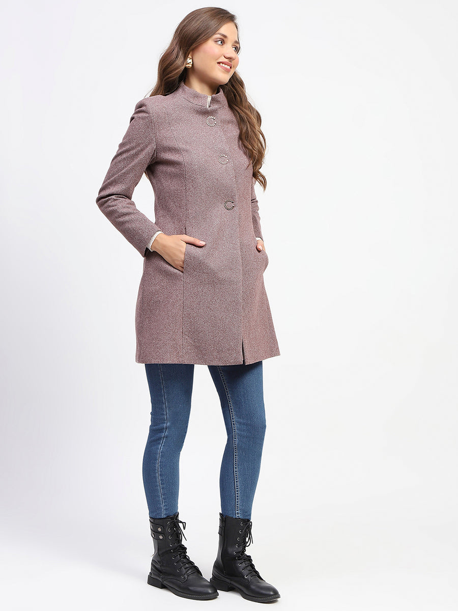 Madame Metal Buttoned Self Designed Wine Long Coat