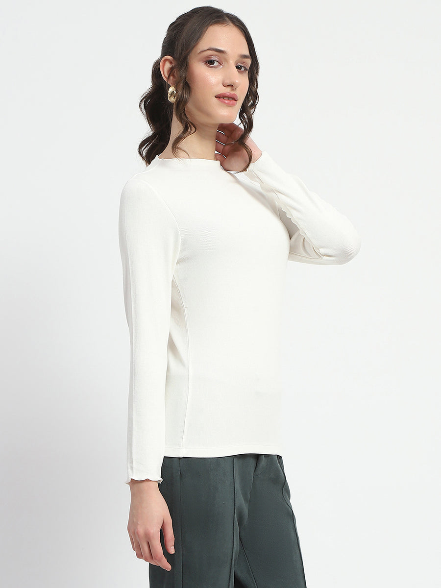 Madame High Neck Full Sleeve Solid White Top