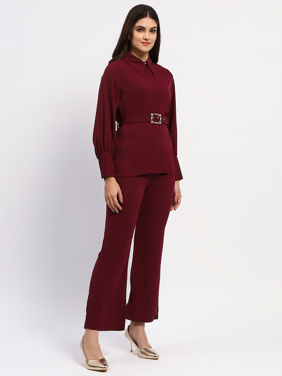 Madame Purple Belted Shirt and Wide-Leg Bottom Ensemble