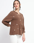 Madame Solid Chocolate Brown Embroidery Detailed Cotton Top