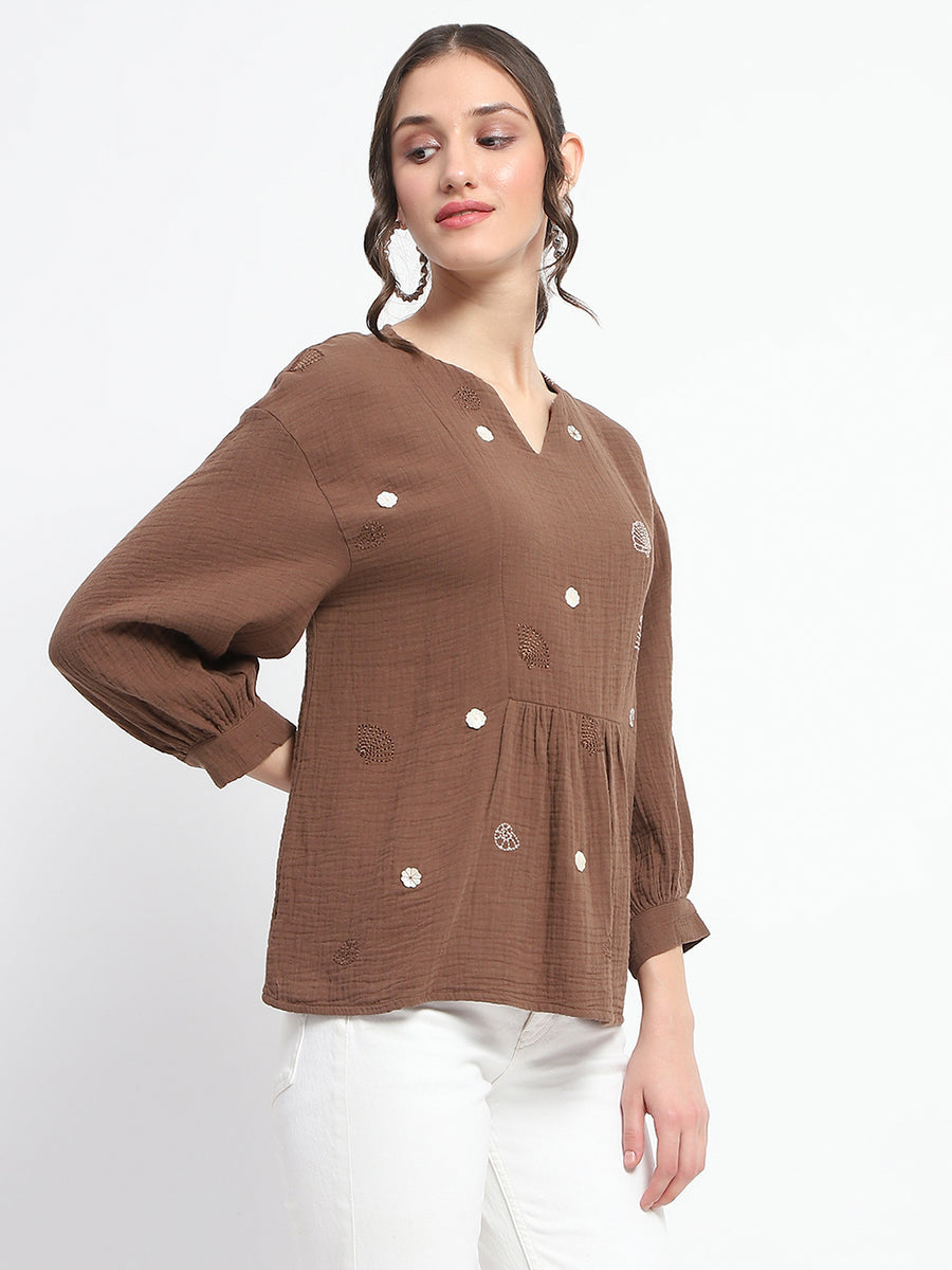 Madame Solid Chocolate Brown Embroidery Detailed Cotton Top