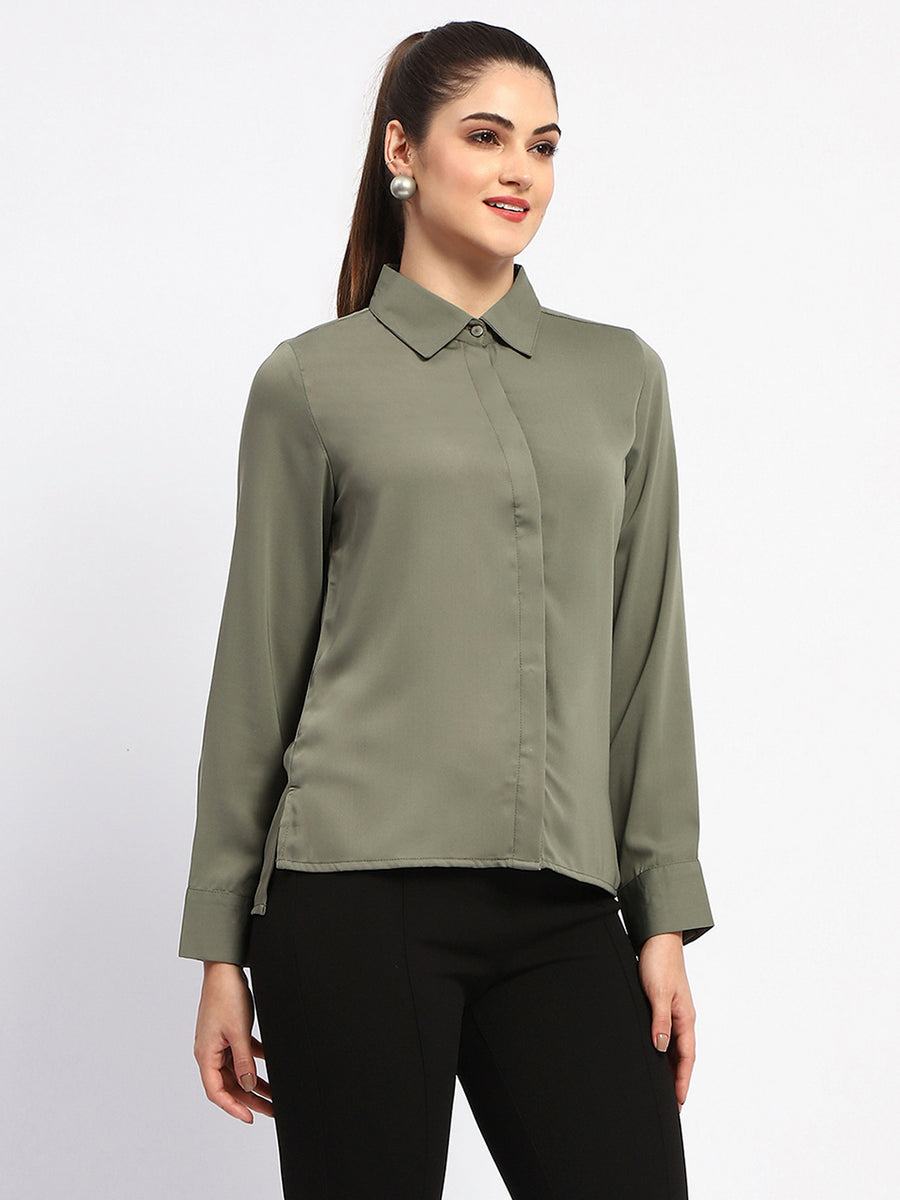 Madame Solid Green Cuff Sleeve Shirt